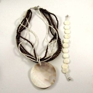 Large Pendant MOP Wood Beaded Necklace & Bracelet Set